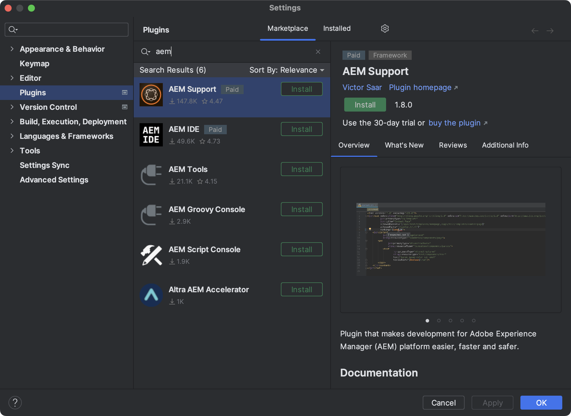 Screenshot of Marketplace search in IntelliJ's preferences