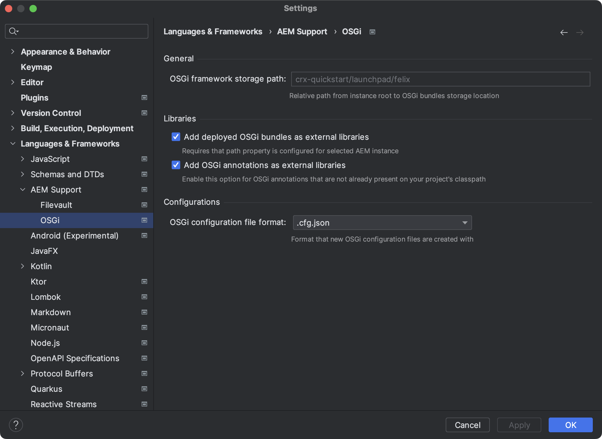 Screenshot of OSGi settings